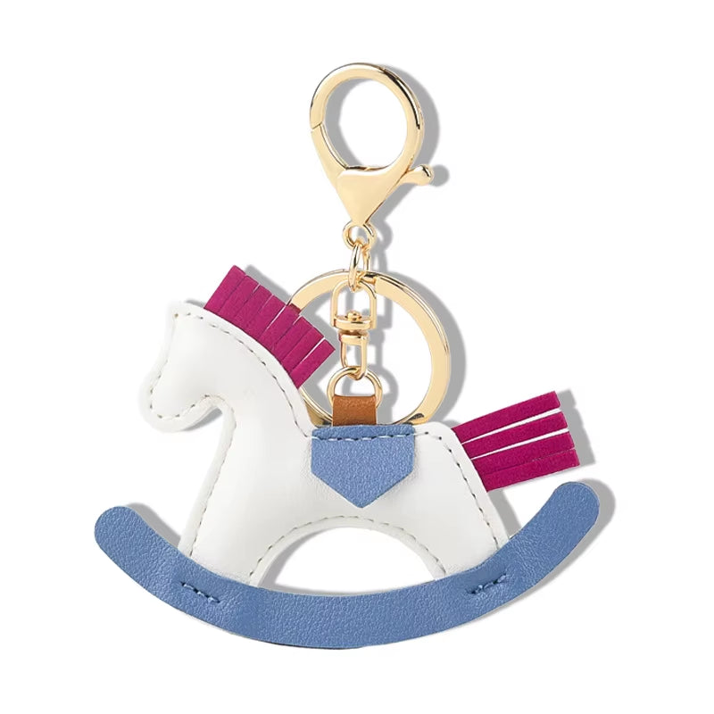 Charming Wooden Rocking Horse Bag Charm - Adorable Leather Keychain Accessory for Horse Lovers