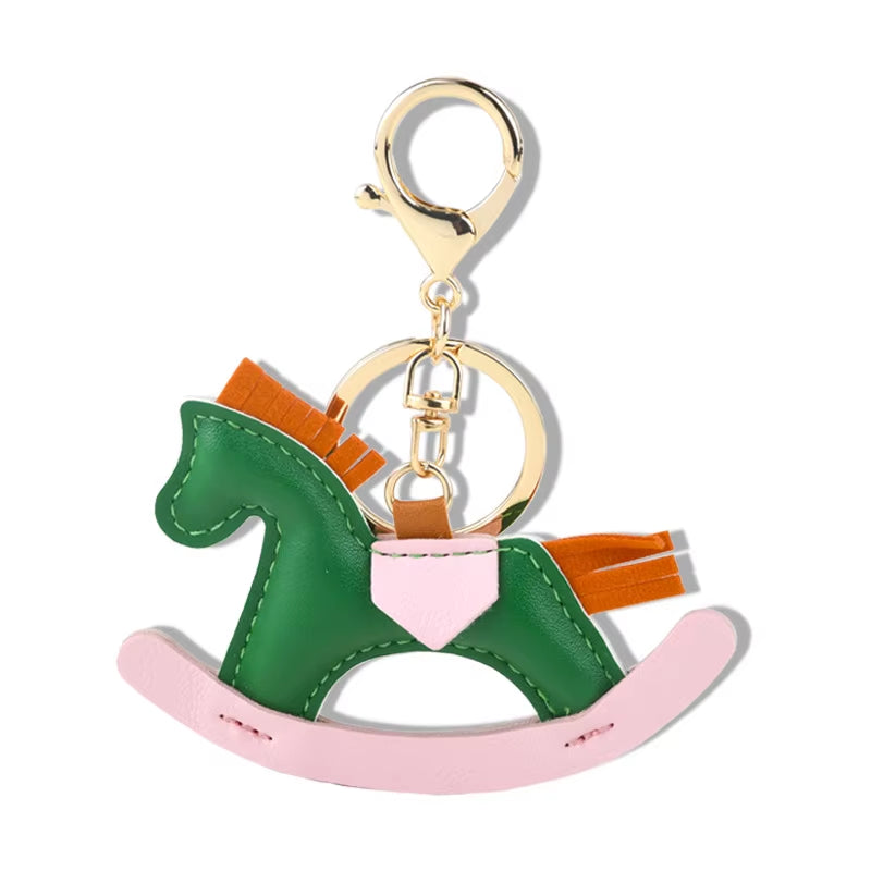 Charming Wooden Rocking Horse Bag Charm - Adorable Leather Keychain Accessory for Horse Lovers