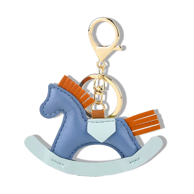 Charming Wooden Rocking Horse Bag Charm - Adorable Leather Keychain Accessory for Horse Lovers
