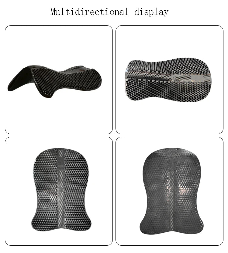 Multidirectional display of a black mesh cushion on a white background