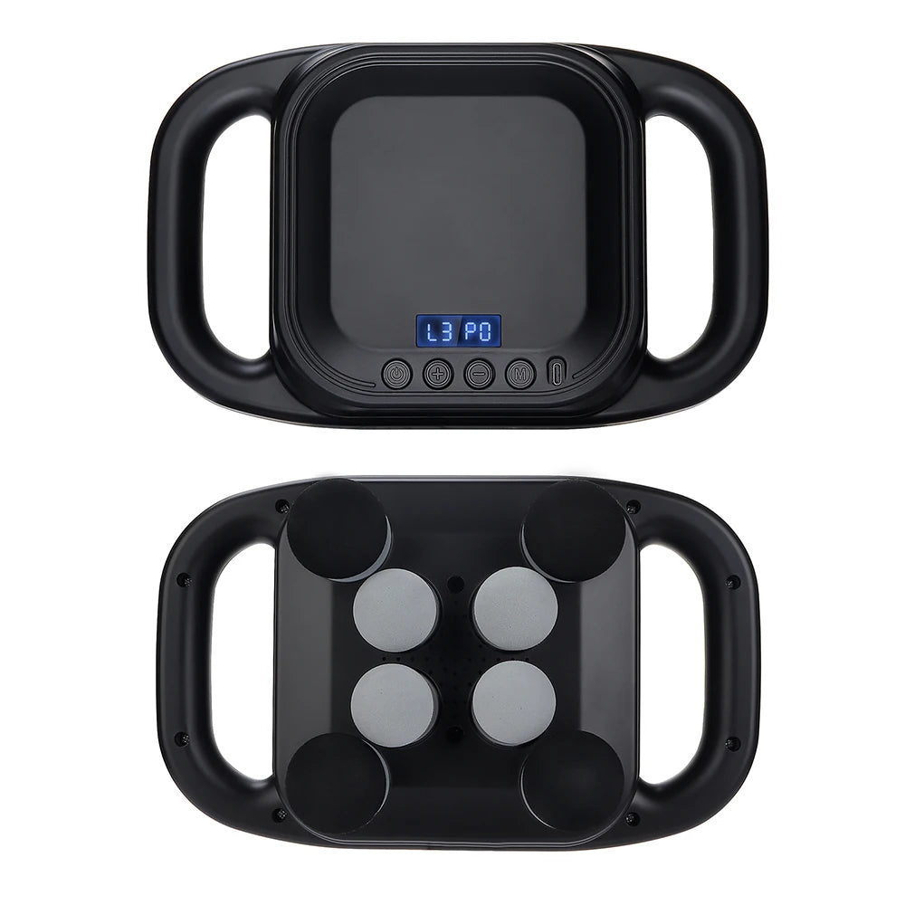 Black electronic device with digital display and handle design on a white background