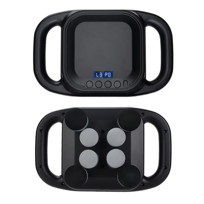 Black electronic device with digital display and handle design on a white background