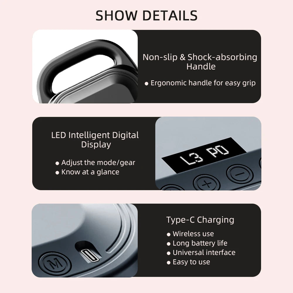 Product features including non-slip handle, digital display, and Type-C charging on a pink background.