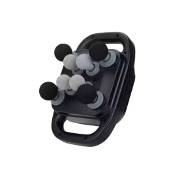 Black and white device with multiple knobs on a white background