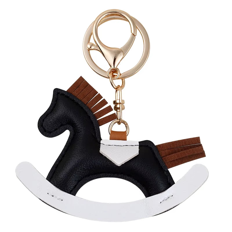 Charming Wooden Rocking Horse Bag Charm - Adorable Leather Keychain Accessory for Horse Lovers