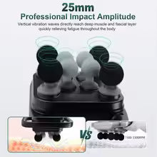 Massage device with various heads and text indicating professional amplitude and vibration depth.
