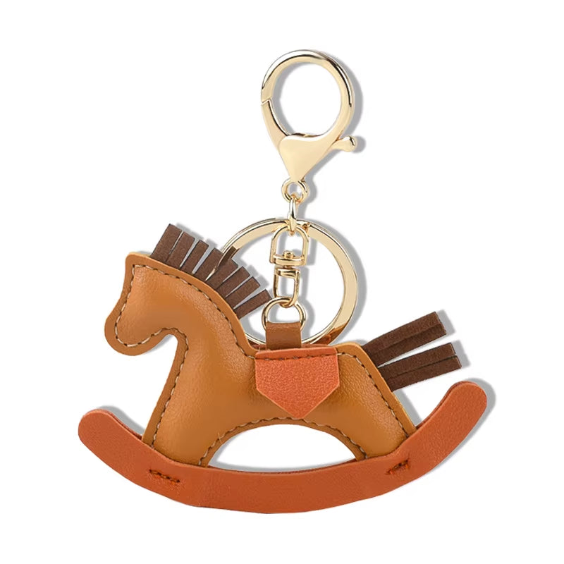 Charming Wooden Rocking Horse Bag Charm - Adorable Leather Keychain Accessory for Horse Lovers