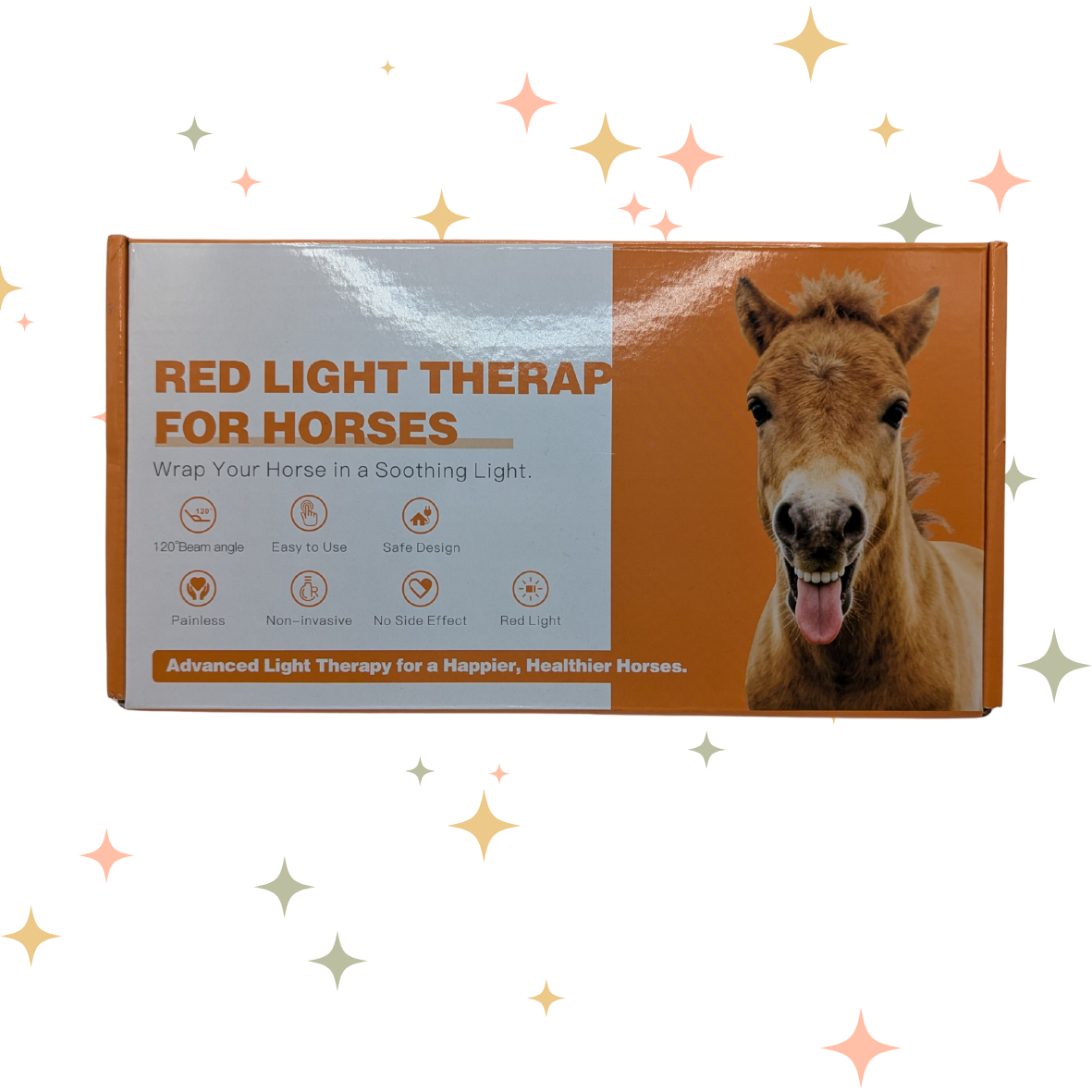 A rectangular product box for 'Red Light Therapy for Horses' with a brown horse photo on the right and orange text on a white-to-orange background. The box is centered on a white backdrop with scattered pastel star sparkles.