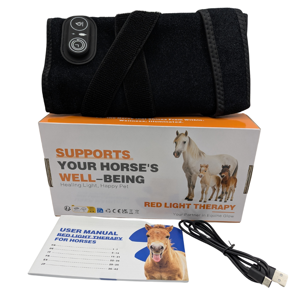 Black electric horse wrap with a built-in control panel, shown with its orange and white retail box, a user manual, and a USB charging cable on a white background.