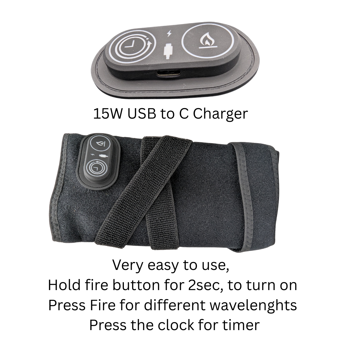 A dark gray electric heating pad shown in two views on a white background, with instructional text below. The top view shows the oval heating pad connected to a USB-C charger, labeled '15W USB to C Charger.