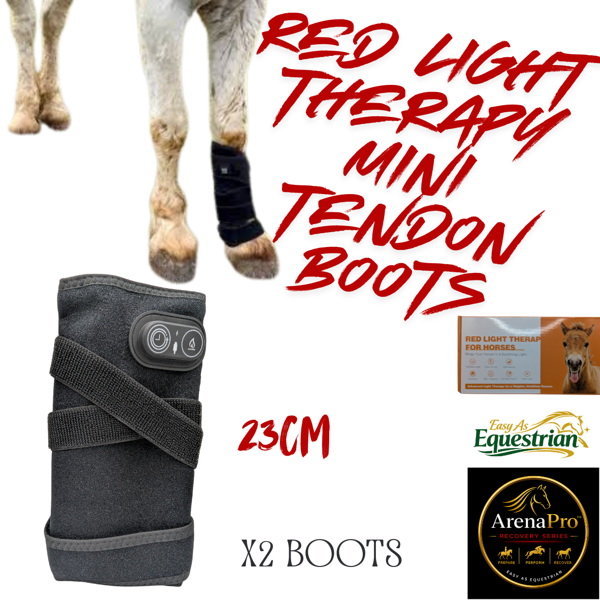 Black mini tendon boot for horses with red light therapy, shown with a horse leg wearing a black bandage, red text reading 'RED LIGHT THERAPY MINI TENDON BOOTS', dimensions '23CM', quantity 'X2 BOOTS', and logos for 'Equine Astronomical' and 'Arena Pro'.