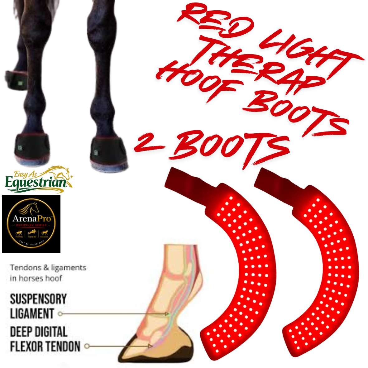 Promotional graphic for red light therapy hoof boots, showing two red curved boot shapes with many small white dots, a horse leg photo at top left, anatomical hoof illustration at lower left, and large red text reading 'RED LIGHT THERAPY HOOF BOOTS 2 BOOTS'. Brand logos for EasyEquestrian and ArenaPro are visible.