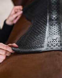 Person adjusting a black saddle pad on a horse