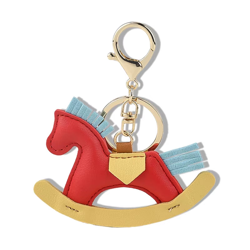 Charming Wooden Rocking Horse Bag Charm - Adorable Leather Keychain Accessory for Horse Lovers