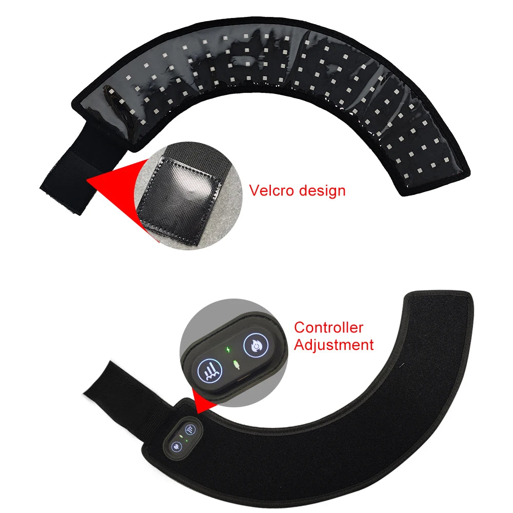 Black neck massager with velcro design and controller adjustment on a white background