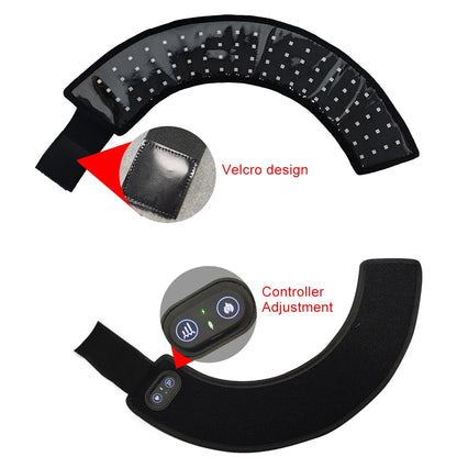 Black neck massager with velcro design and controller adjustment on a white background