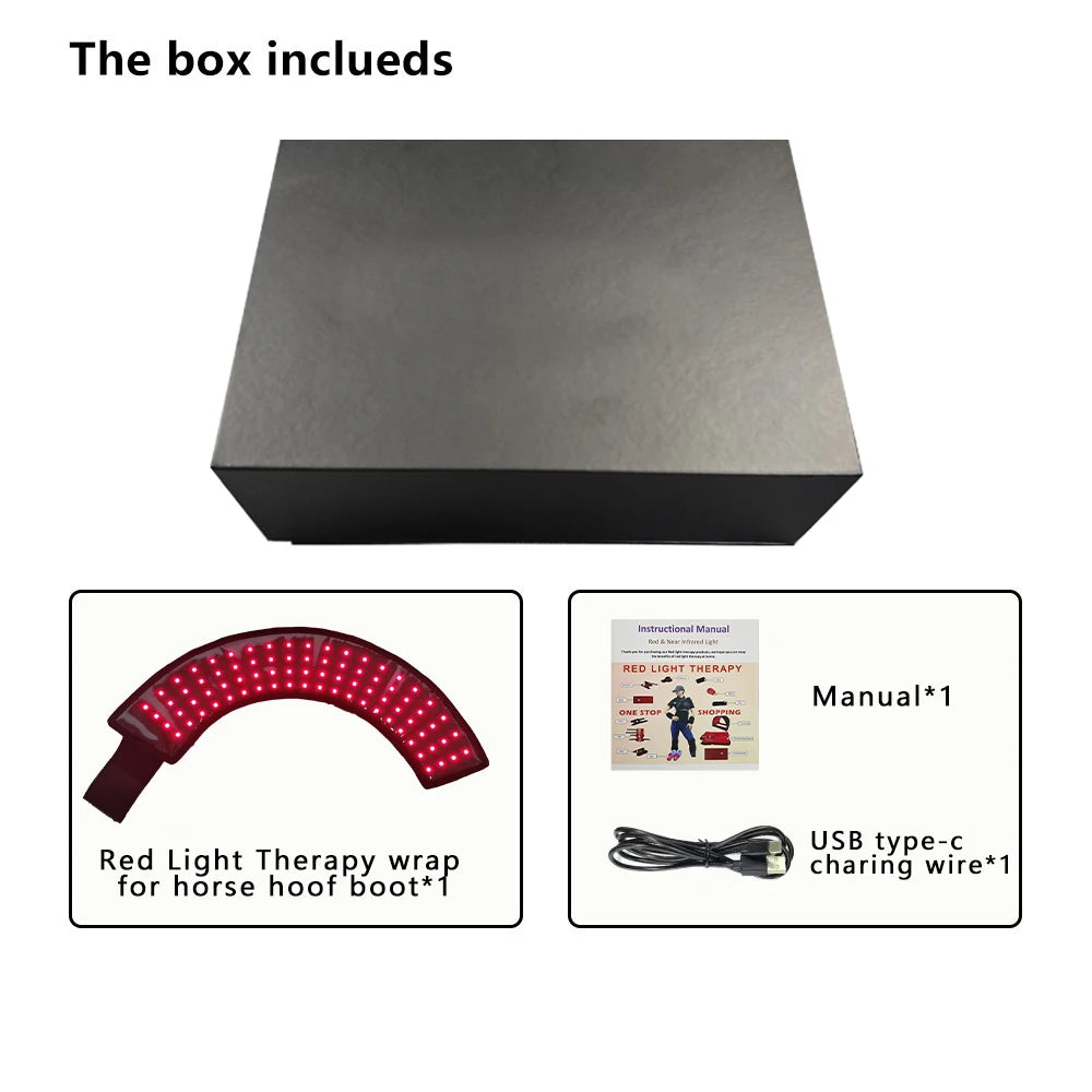 Box contents including red light therapy wrap, USB cable, and manual on a white background