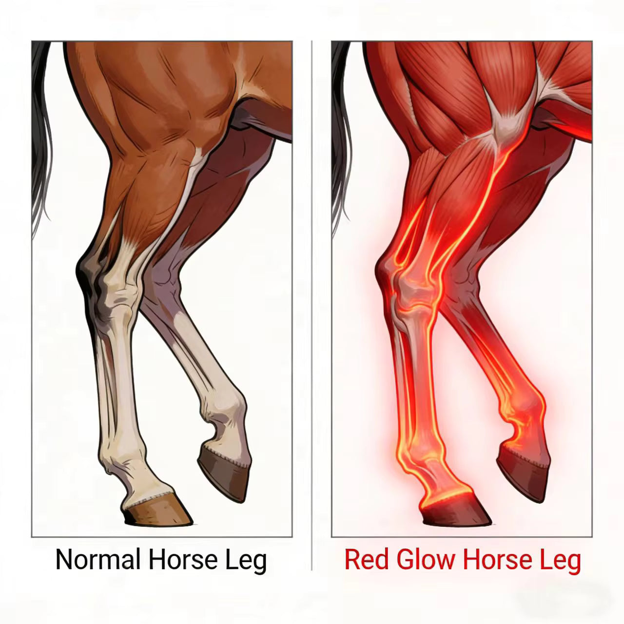 Comparison of a normal horse leg and a red glow horse leg, highlighting muscle structure.