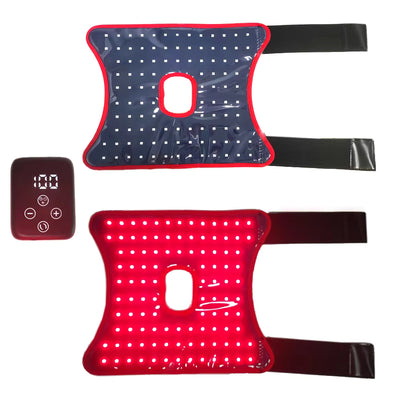 Red and blue LED therapy vests with a remote control on a white background