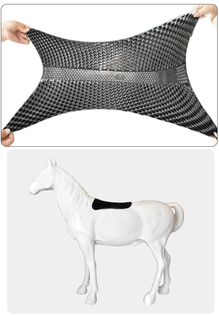Black and gray mesh blanket held up above a white horse figurine.